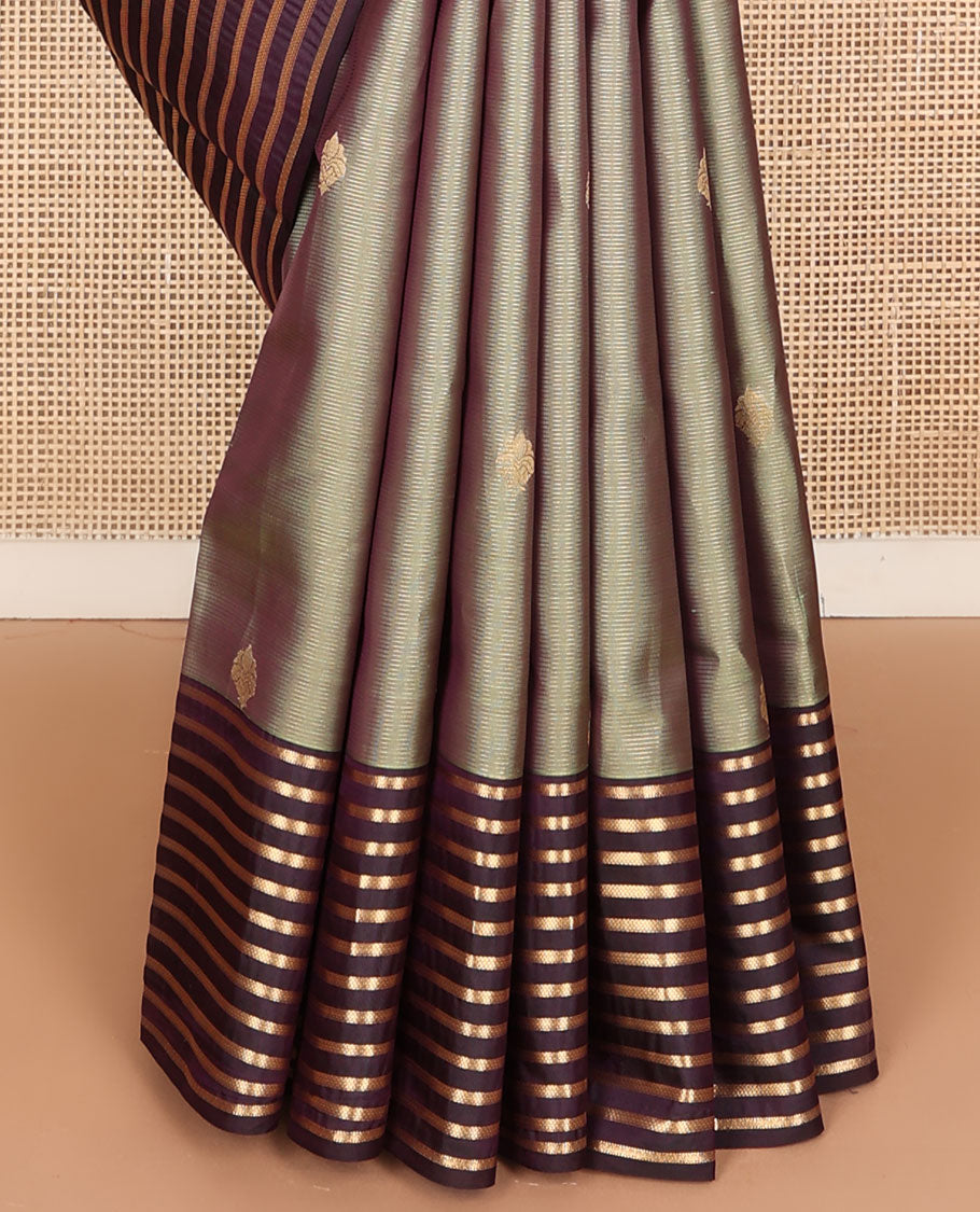 Grey striped & zari buttas vasundhara silk mix  saree, contrast zari striped border & pallu of jaal design