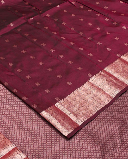 Maroon zari buttas Vasundhara silk mix saree, zari border of thilakam mokku, kathir, and rudraksham designs, and jaal pallu
