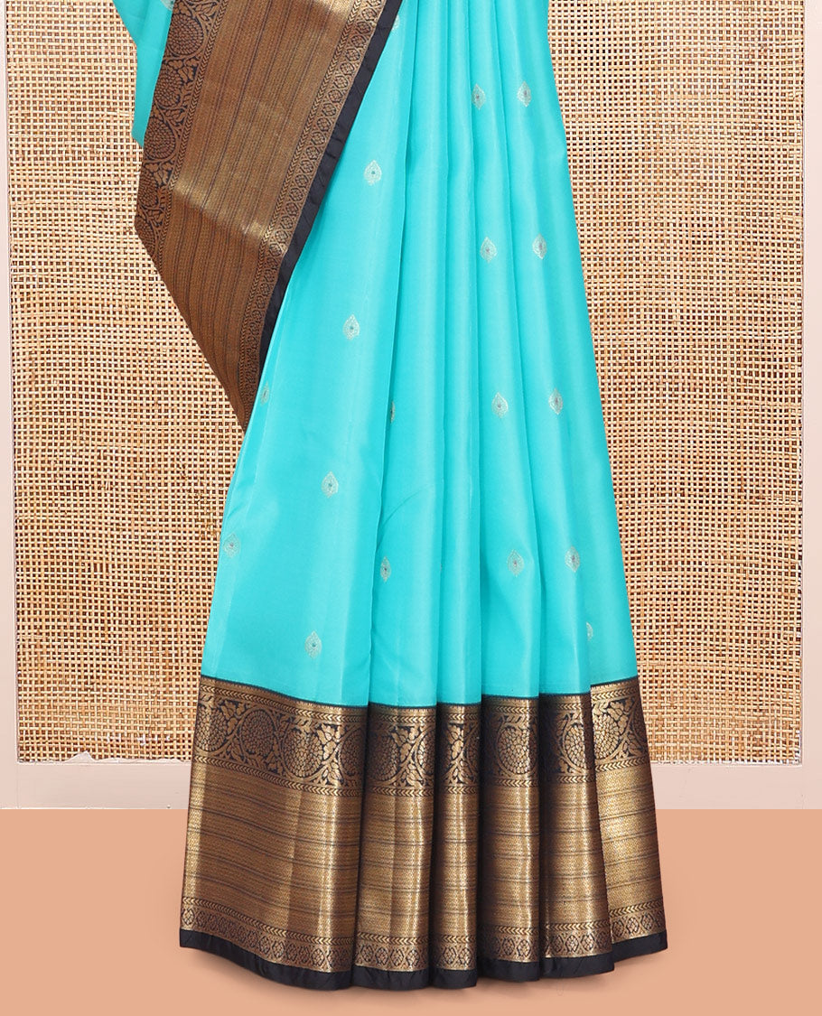 Blue Vasundhara Lite Silk Mix Saree, Accentuated with Zari Buttas, a Contrast Border of Kathir, Mayil Kann, and Kodi Visiry Designs, Jaal Pallu, and a Contrast Blouse