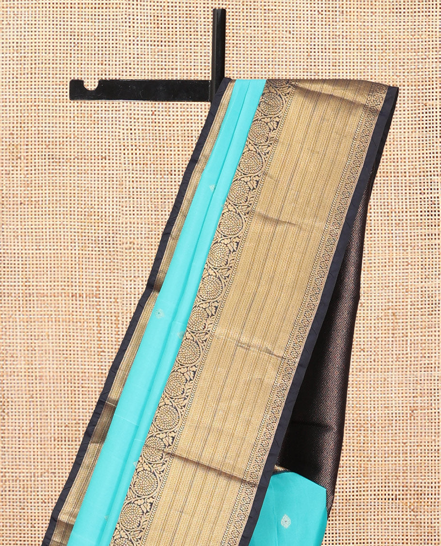 Blue Vasundhara Lite Silk Mix Saree, Accentuated with Zari Buttas, a Contrast Border of Kathir, Mayil Kann, and Kodi Visiry Designs, Jaal Pallu, and a Contrast Blouse