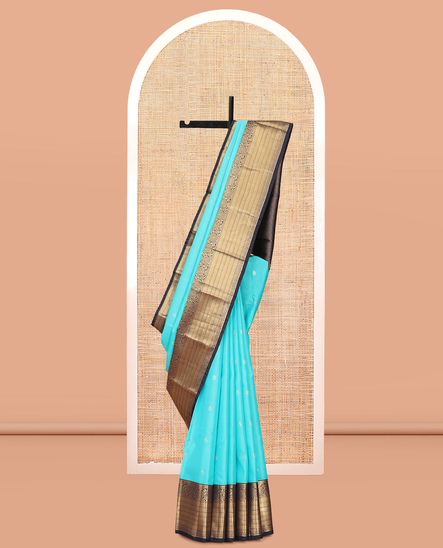 Blue Vasundhara Lite Silk Mix Saree, Accentuated with Zari Buttas, a Contrast Border of Kathir, Mayil Kann, and Kodi Visiry Designs, Jaal Pallu, and a Contrast Blouse
