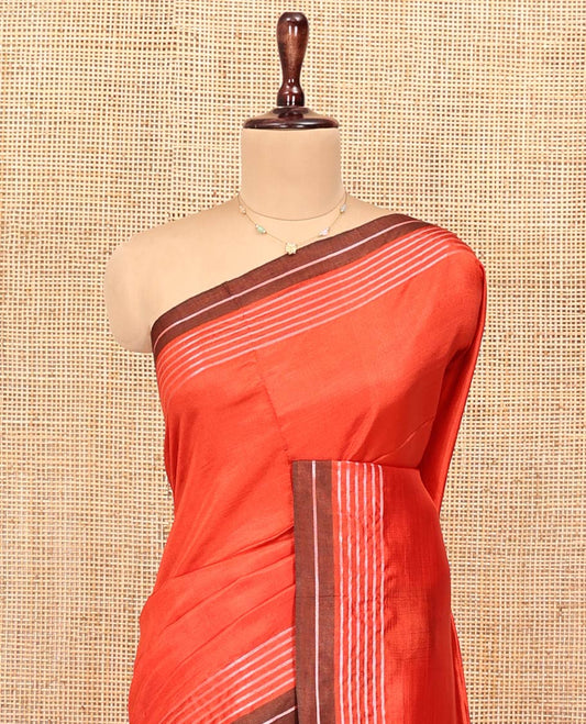 Orange Plain Banana Pith Saree, Contrast Subtly Striped Border, Pallu Steeped with Stripes, and Paired with a Matching Blouse