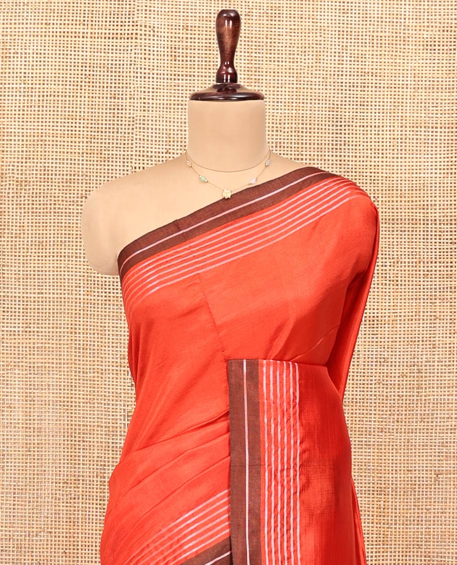 Orange Plain Banana Pith Saree, Contrast Subtly Striped Border, Pallu Steeped with Stripes, and Paired with a Matching Blouse