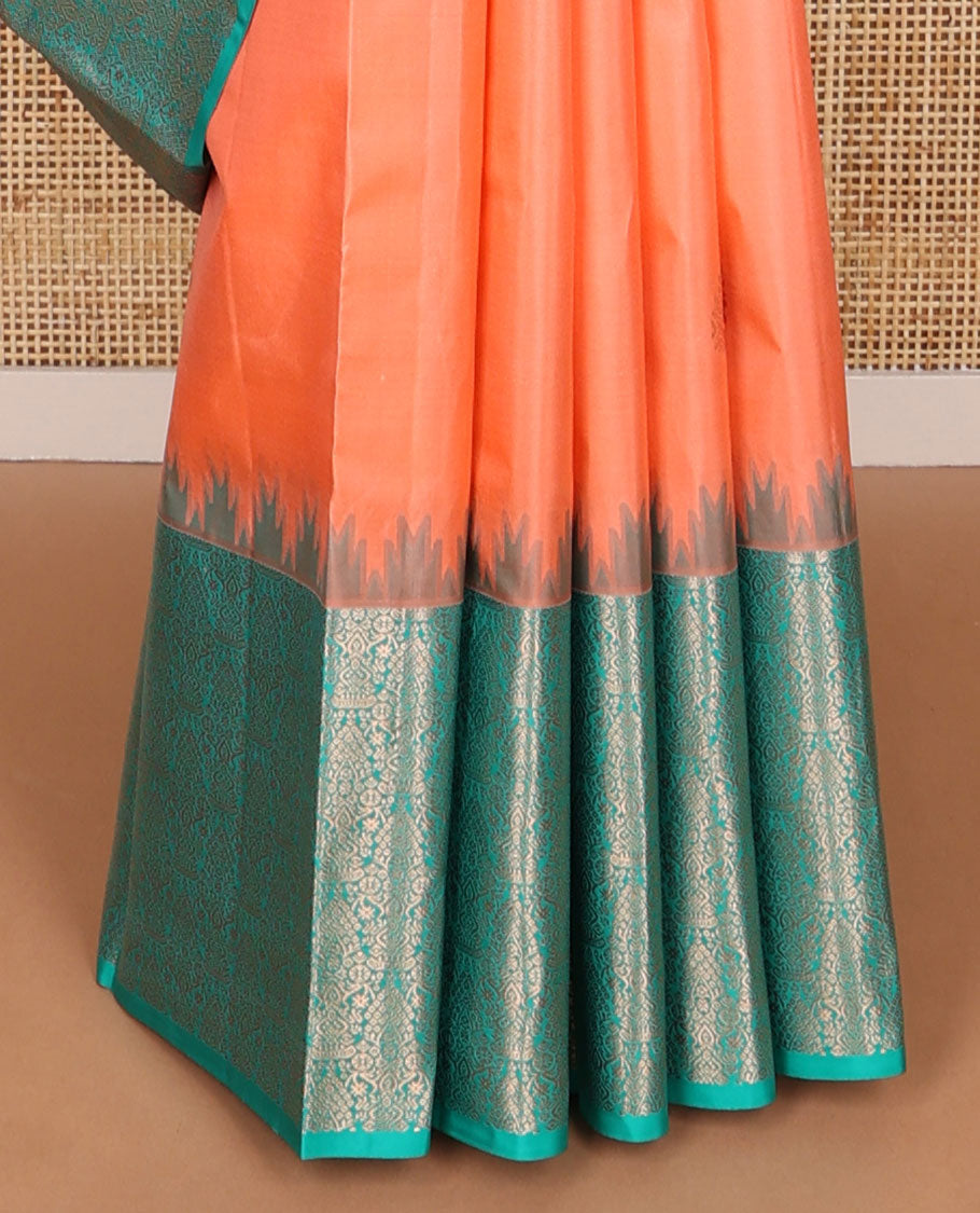 Peach buttas silk saree with contrast border of temple, floral design & floral jaal pallu