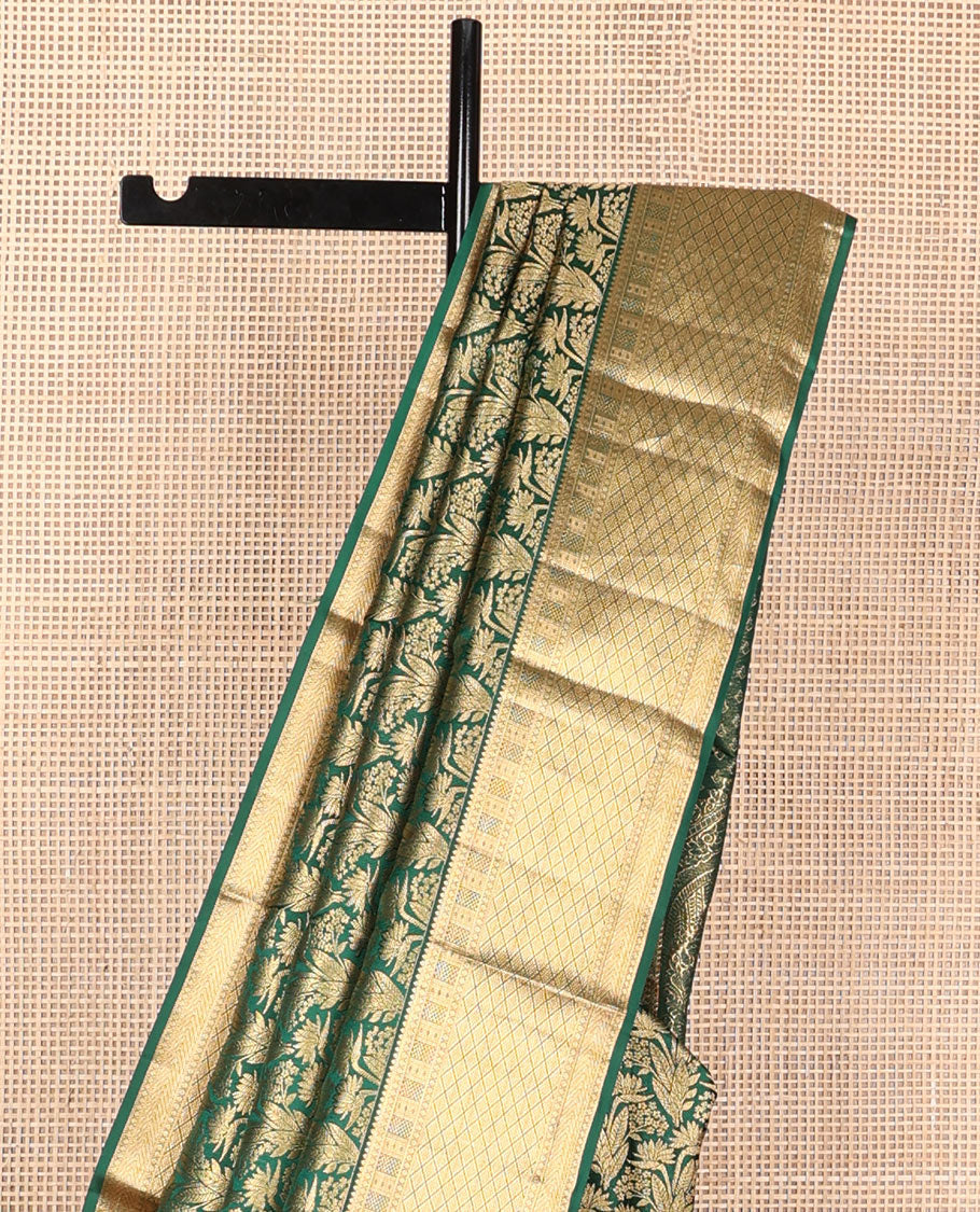 Green jacquard wedding silk saree, intricate pallu & zari border of thilakam, vanki, kathir & mayil kann designs