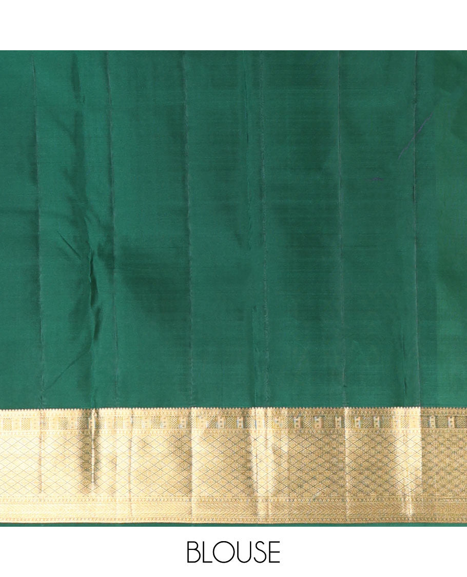Green jacquard wedding silk saree, intricate pallu & zari border of thilakam, vanki, kathir & mayil kann designs