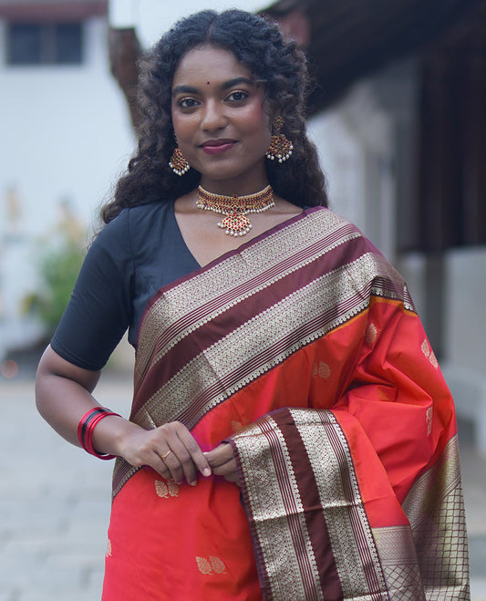 Orange-Brown Budget Silk Saree, Enriched with Leaf Zari Buttas, Contrast Rettai Pettu Traditional Zari Design Border, Grand Jaal Pallu, and Contrast Blouse