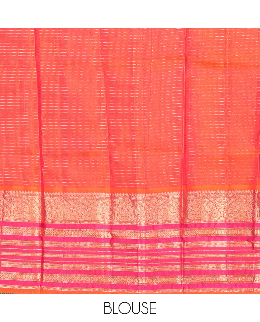 Violet and Pink Vasundhara Silk Saree, Enriched with Zari Stripes All Over Its Body, Complemented by Contrast Border of Thilakam Mokku, Muthu, Mayil, Neli, and Cross Kamalam Designs, Jaal Pallu, and Paired with a Veldhari With Bordered Blouse