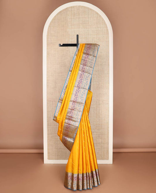Yellow muniya buttas silk saree, contrast border & pallu of paithani-style meenakari floral & paisley motifs weave