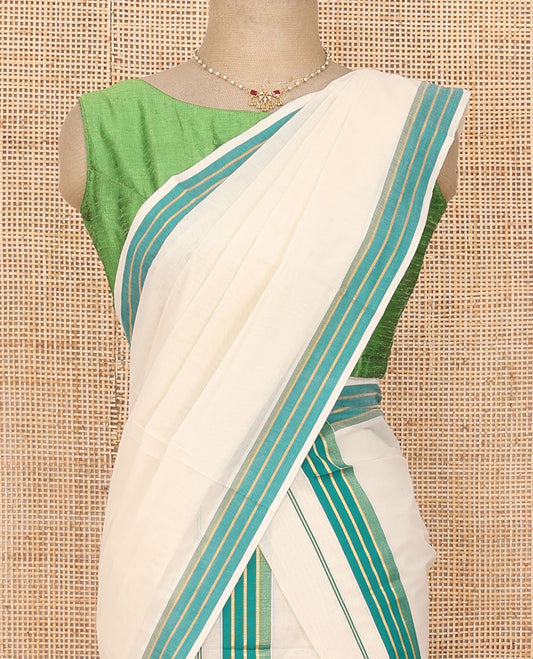 Cream plain Kerala mundu set with contrast striped border