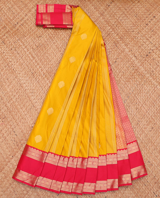 Yellow Budget Silk Saree, Sparsely Woven with Buttas and Stripes, Complemented by a Contrast Traditional Rettai Pettu Border, Jaal Pallu, and a Contrast Blouse