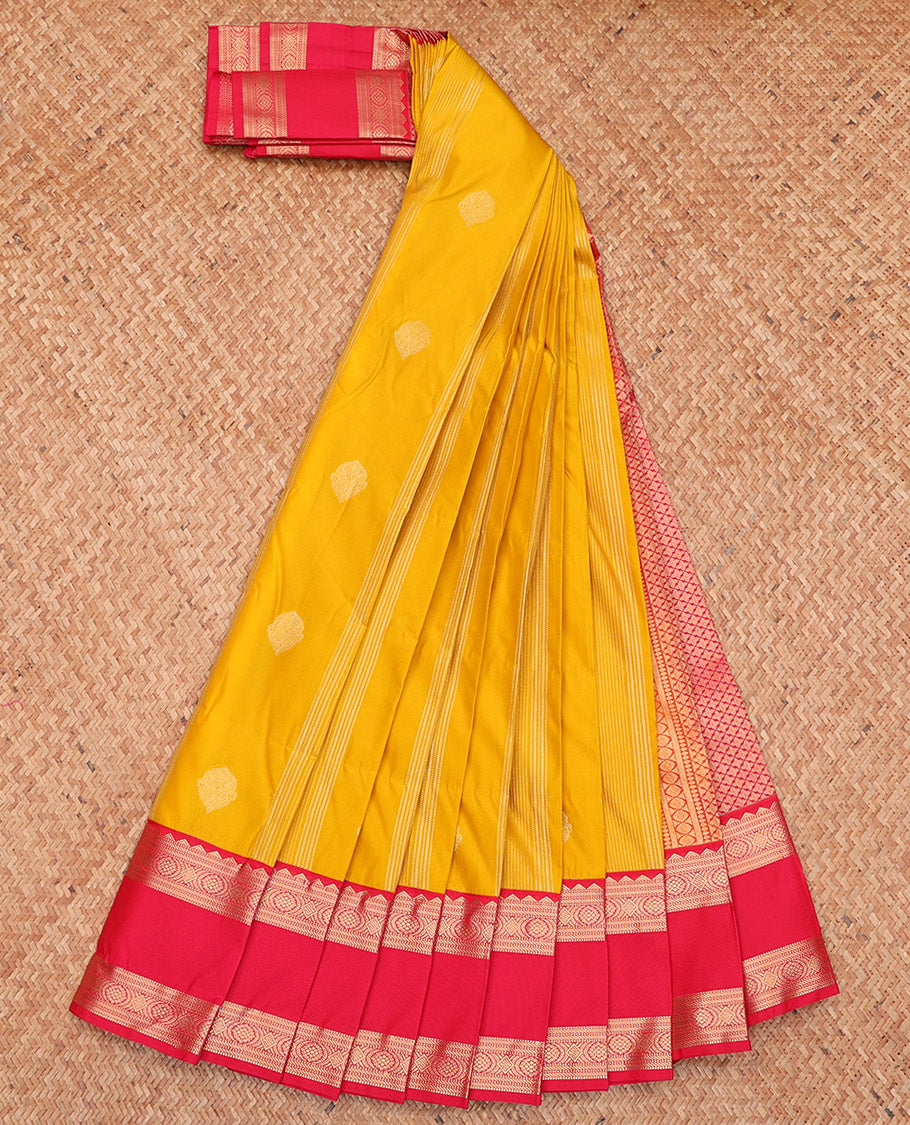 Yellow Budget Silk Saree, Sparsely Woven with Buttas and Stripes, Complemented by a Contrast Traditional Rettai Pettu Border, Jaal Pallu, and a Contrast Blouse