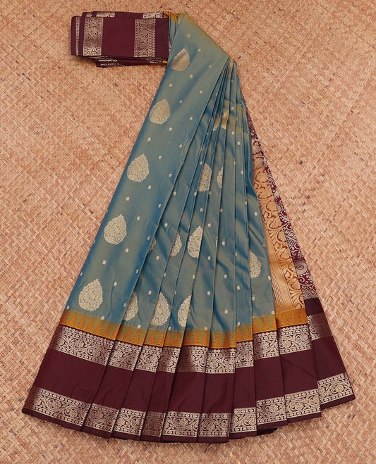 Blue Budget Silk Saree, Delicately Woven with Zari Buttas, Complemented by a Contrast Traditional Zari Rettai Pettu Border, Grand Pallu, and Contrast Blouse