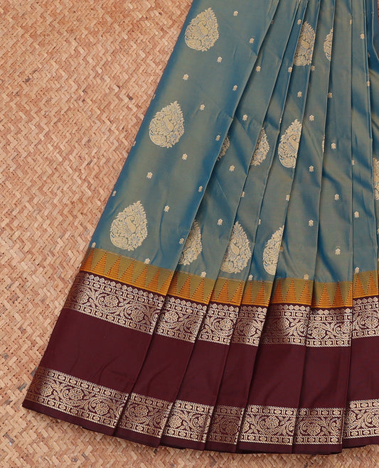 Blue Budget Silk Saree, Delicately Woven with Zari Buttas, Complemented by a Contrast Traditional Zari Rettai Pettu Border, Grand Pallu, and Contrast Blouse