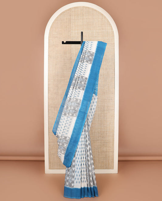 Half-white geometric design Pochampally ikkat saree, contrast plain border, and ikkat design pallu