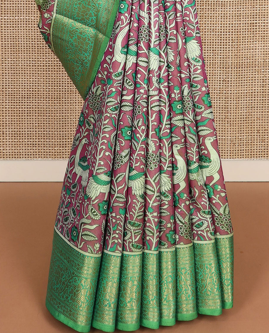 Rosewood pink flora and fauna motifs patola silk saree, contrast floral design zari border, and pallu of floral and bird motifs