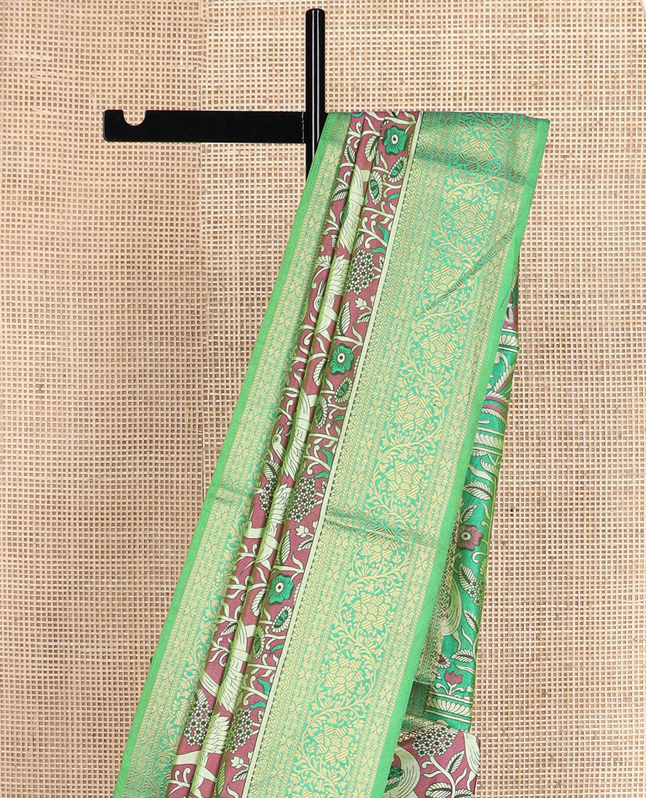 Rosewood pink flora and fauna motifs patola silk saree, contrast floral design zari border, and pallu of floral and bird motifs