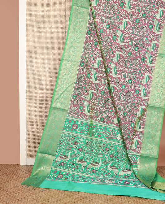 Rosewood pink flora and fauna motifs patola silk saree, contrast floral design zari border, and pallu of floral and bird motifs