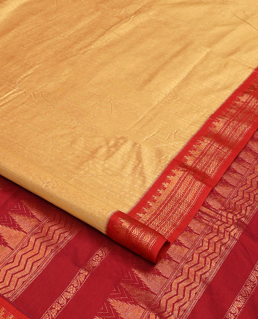 Sandal buttas nine-yard cotton saree, contrast traditional zari border, and pallu steeped with traditional designs