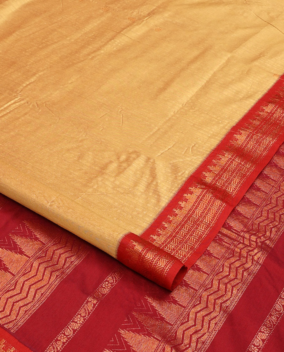 Sandal buttas nine-yard cotton saree, contrast traditional zari border, and pallu steeped with traditional designs