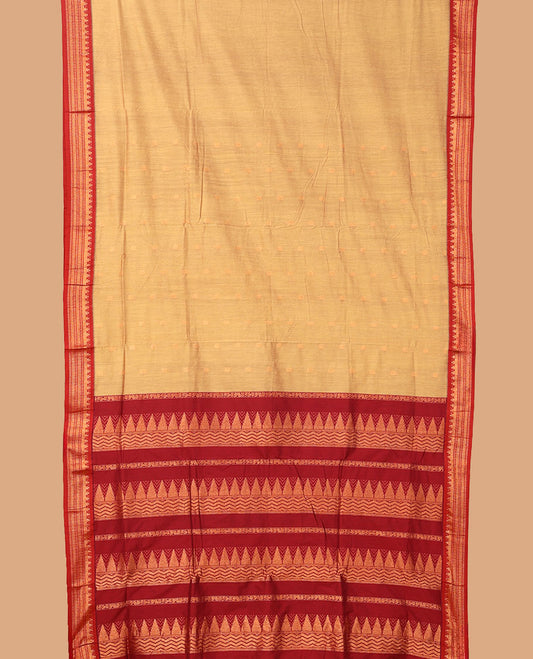 Sandal buttas nine-yard cotton saree, contrast traditional zari border, and pallu steeped with traditional designs