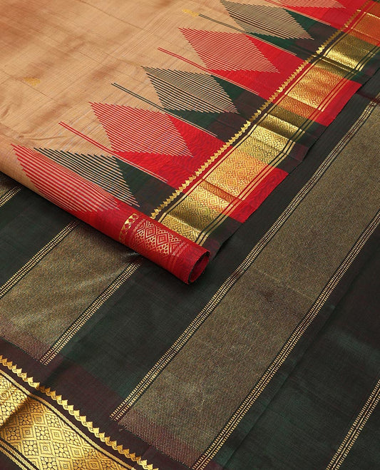 Brown floral buttas kancheepuram silk saree with contrast border of intricate zari design border & striped, floral buttas pallu