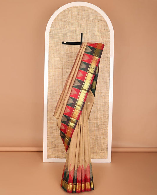 Brown floral buttas kancheepuram silk saree with contrast border of intricate zari design border & striped, floral buttas pallu
