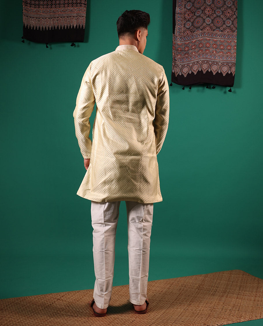 Ivory jaal pattern embossed full-sleeved men's kurta