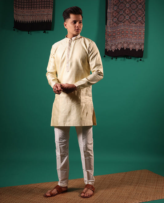 Ivory jaal pattern embossed full-sleeved men's kurta