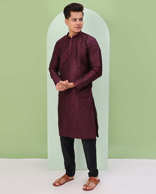 Maroon argyle design sequins embroidered full-sleeve kurta set