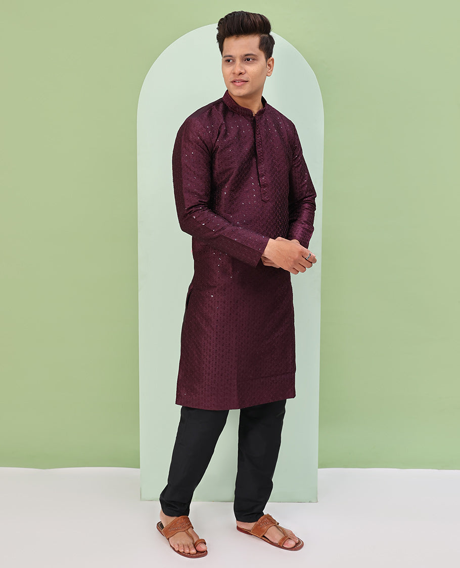 Maroon argyle design sequins embroidered full-sleeve kurta set