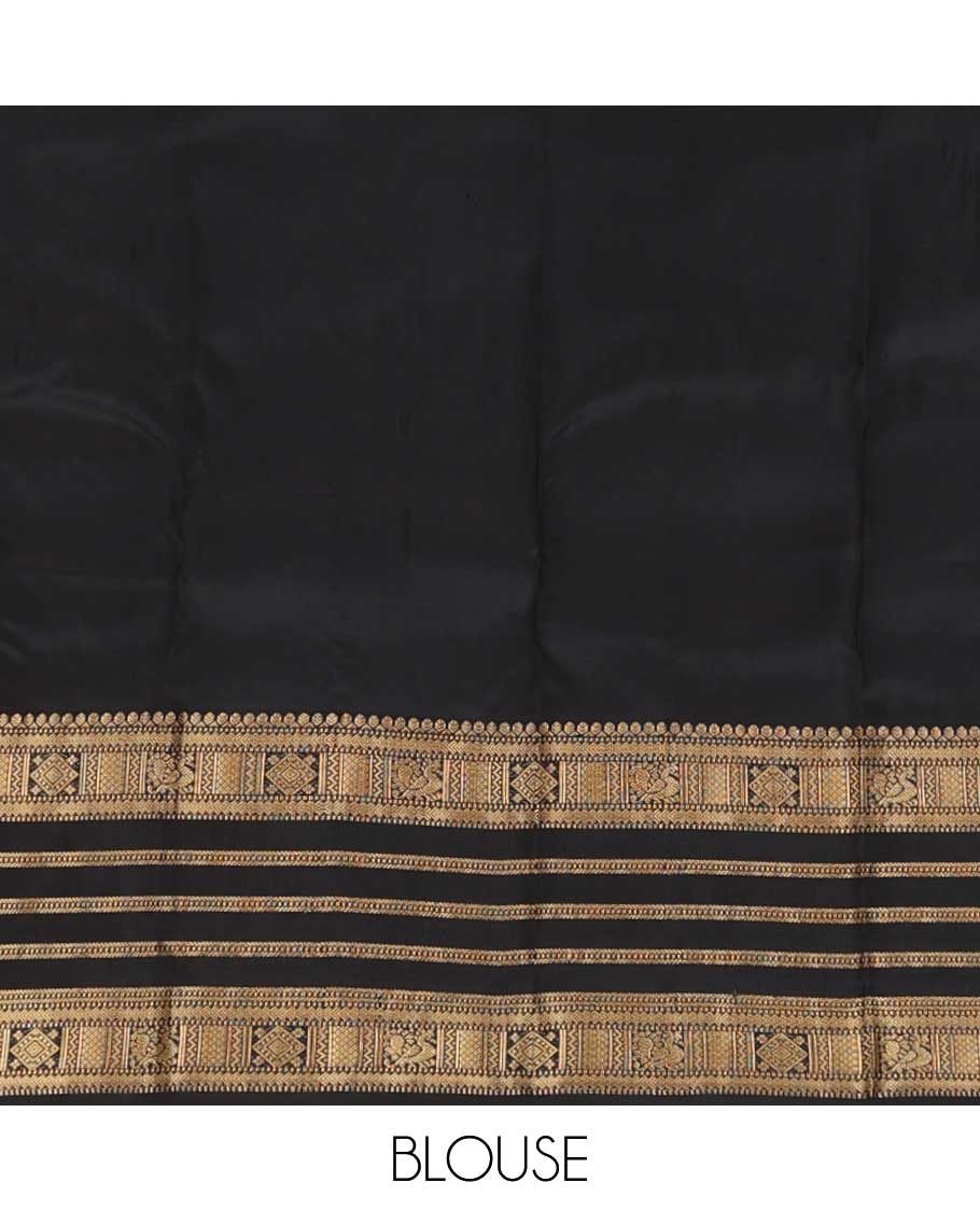 Orange zari buttas silk saree, contrast border of thilakam, Muthu, kathir, mayil kann and  mayil designs and geometric patterned pallu