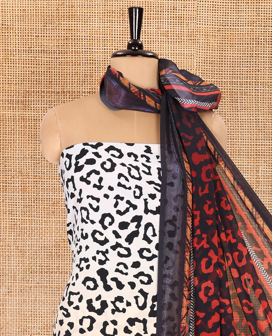 White and black material chudidar set, cheetah skin and floral-printed Italian crepe top, a plain bottom, and a georgette dupatta of cheetah skin and floral print