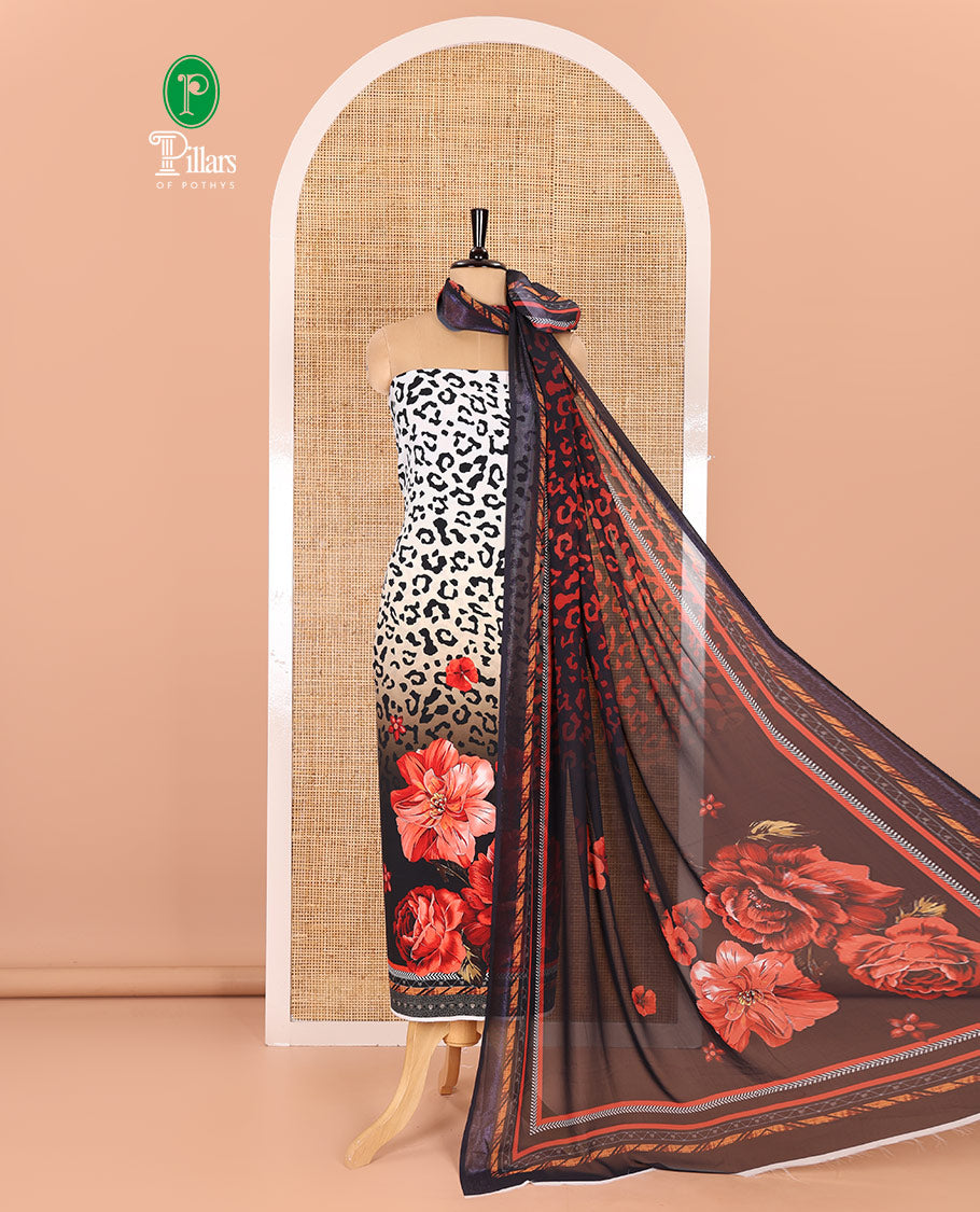 White and black material chudidar set, cheetah skin and floral-printed Italian crepe top, a plain bottom, and a georgette dupatta of cheetah skin and floral print