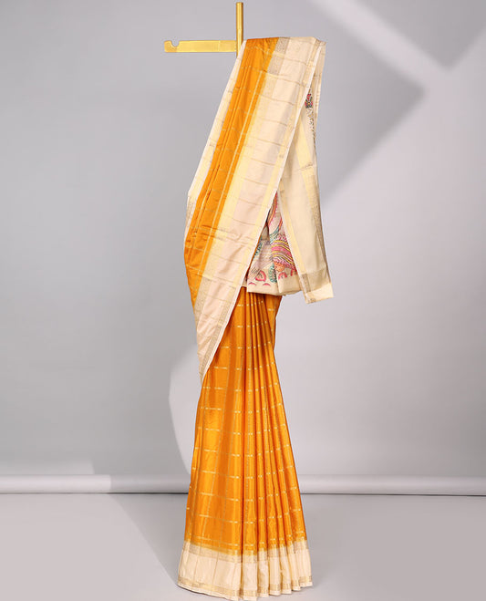 Yellow checked mysore silk saree with contrast reiped border & peacock design print pallu