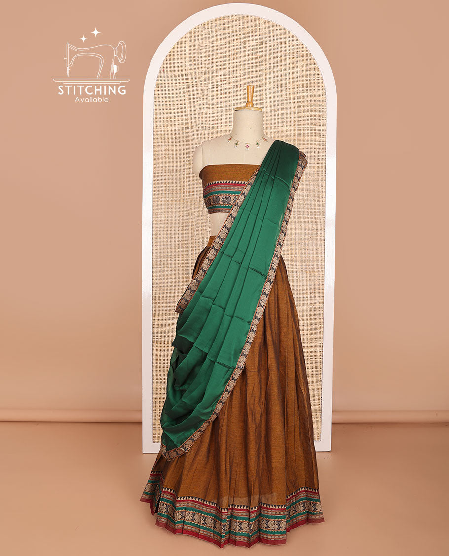 Brown cotton half saree with peacock design border, peacock design blouse & floral design border dhavani