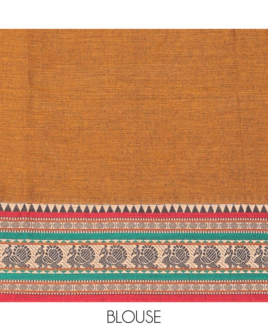 Brown cotton half saree with peacock design border, peacock design blouse & floral design border dhavani