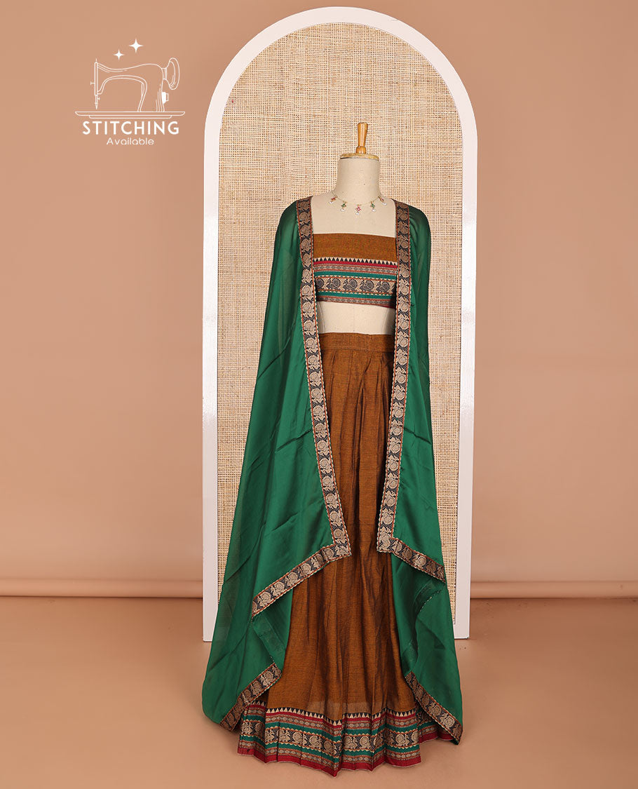 Brown cotton half saree with peacock design border, peacock design blouse & floral design border dhavani