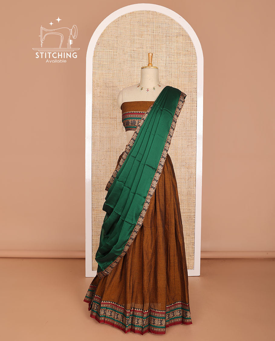 Brown cotton half saree with peacock design border, peacock design blouse & floral design border dhavani