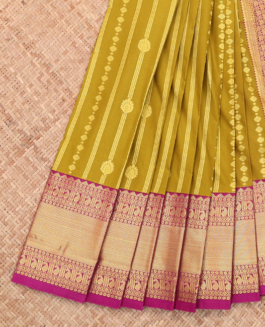 Green Budget Silk Saree, Crafted with Zari Designs All Over Its Body, Complemented by a Contrast Traditional Zari Design Border, Grand Pallu, and Paired with a Contrast Blouse