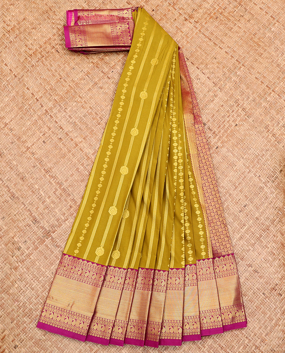 Green Budget Silk Saree, Crafted with Zari Designs All Over Its Body, Complemented by a Contrast Traditional Zari Design Border, Grand Pallu, and Paired with a Contrast Blouse