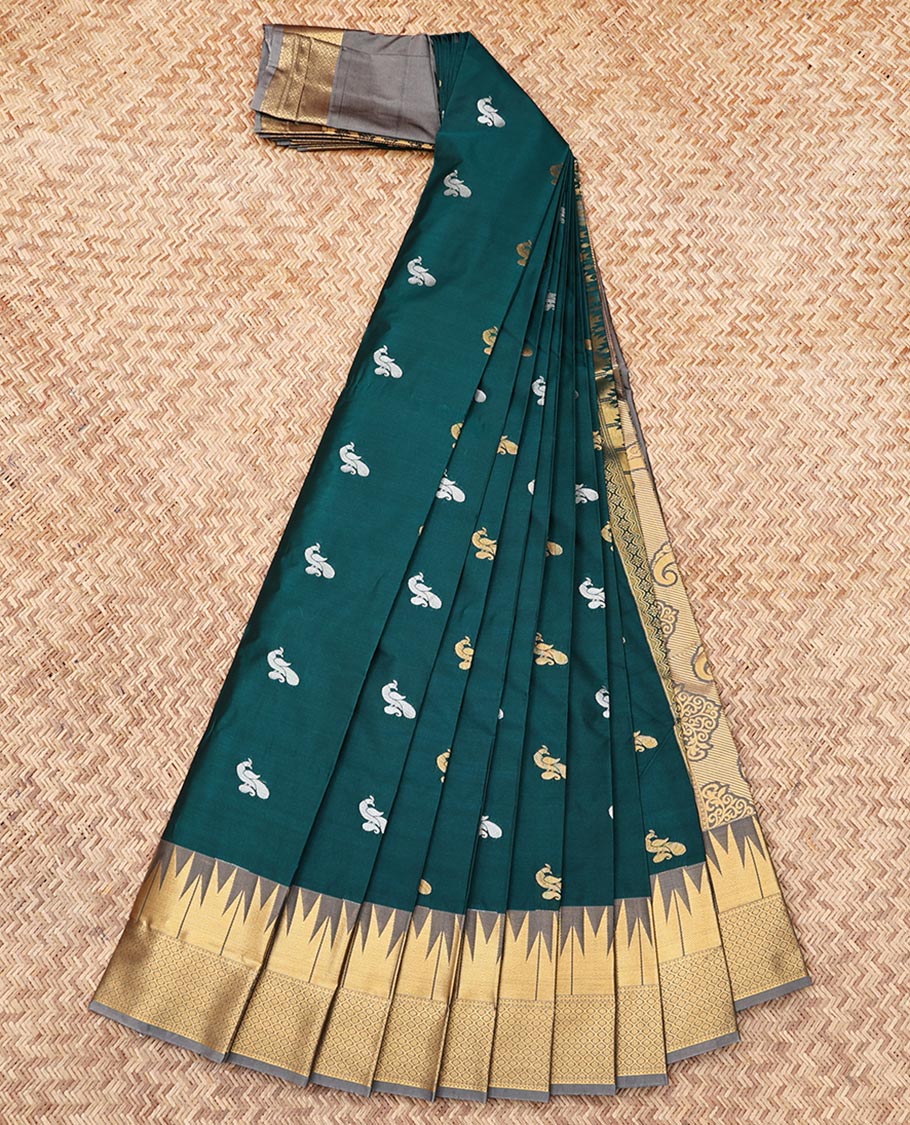 Green Budget Silk Saree, Adorned with Peacock Buttas, Contrast Traditional Zari Temple Border, Grand Pallu, and a Contrast Blouse