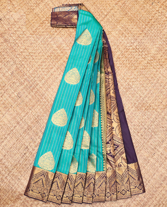 Green Budget Silk Saree, Majestically Detailed with Zari Buttas and Stripes, Complemented by a Contrast Traditional Zari Border, Intricate Pallu, and a Contrast Blouse