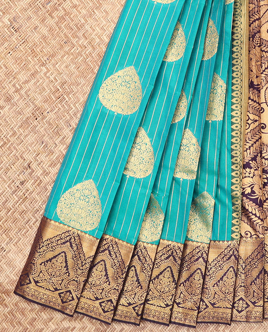 Green Budget Silk Saree, Majestically Detailed with Zari Buttas and Stripes, Complemented by a Contrast Traditional Zari Border, Intricate Pallu, and a Contrast Blouse
