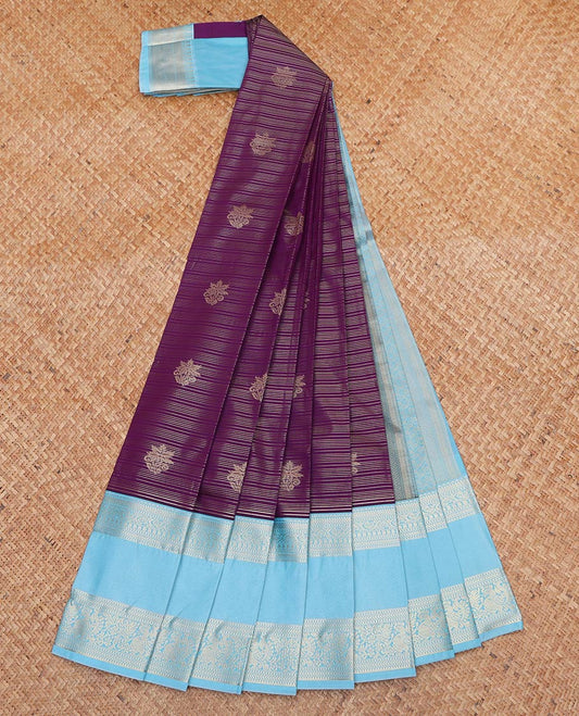 Purple Budget Silk Saree, Subtly Sparkled With Zari Buttas and Stripes All Over Its Body, Complemented by Contrast Traditional Zari Designs Woven Rettai Pettu Border, Sparsely Woven Pallu and Paired with a Contrast Blouse