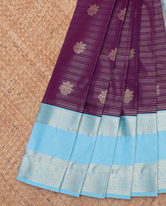 Purple Budget Silk Saree, Subtly Sparkled With Zari Buttas and Stripes All Over Its Body, Complemented by Contrast Traditional Zari Designs Woven Rettai Pettu Border, Sparsely Woven Pallu and Paired with a Contrast Blouse