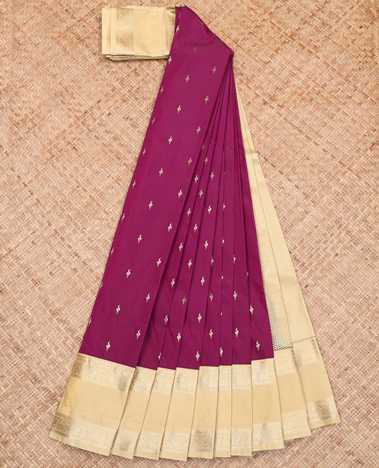 Wine Budget Silk Saree, Prettified with Buttas All Over Its Body, Complemented by a Contrast Traditional Zari Design Rettai Pettu Border of Peacocks, a Grand Pallu of Jaal Design, and Paired with a Contrast Blouse