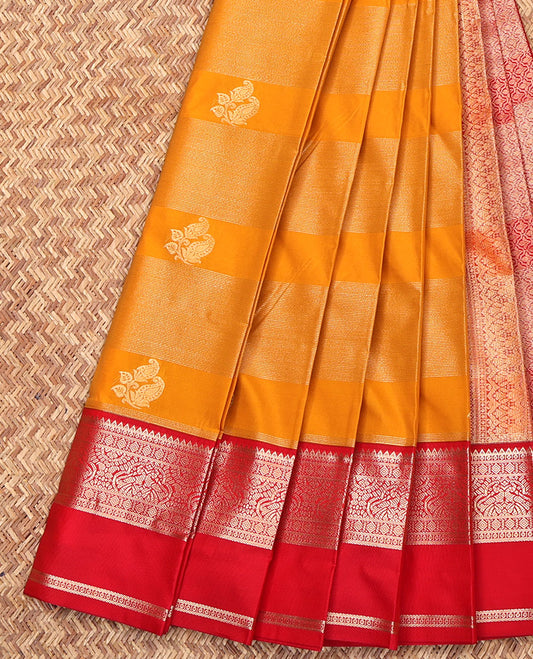 Orange Budget Silk Saree, Beautified with Zari Buttas and Stripes on Its Body, Complemented by a Contrast Traditional Zari Designs Woven Rettai Pettu Border, Grand Pallu, and Paired with a Contrast Blouse