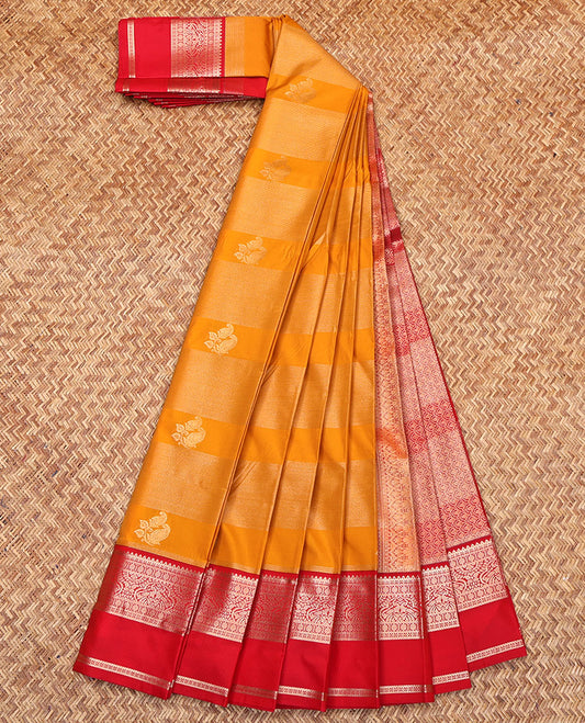 Orange Budget Silk Saree, Beautified with Zari Buttas and Stripes on Its Body, Complemented by a Contrast Traditional Zari Designs Woven Rettai Pettu Border, Grand Pallu, and Paired with a Contrast Blouse