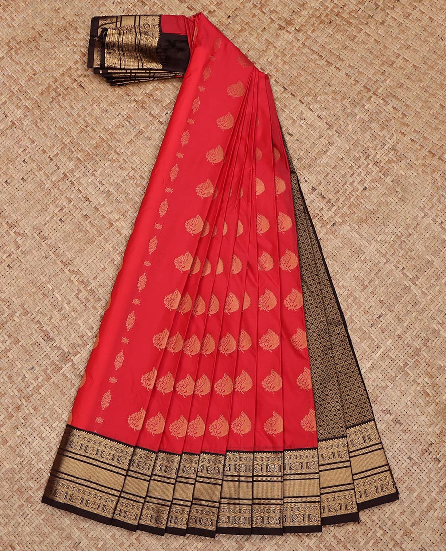 Red Budget Silk Saree, Woven with Zari Buttas on Its Body, Complemented by a Contrast Traditional Zari Border, Grand Jaal Pallu, and Paired with a Contrast Blouse